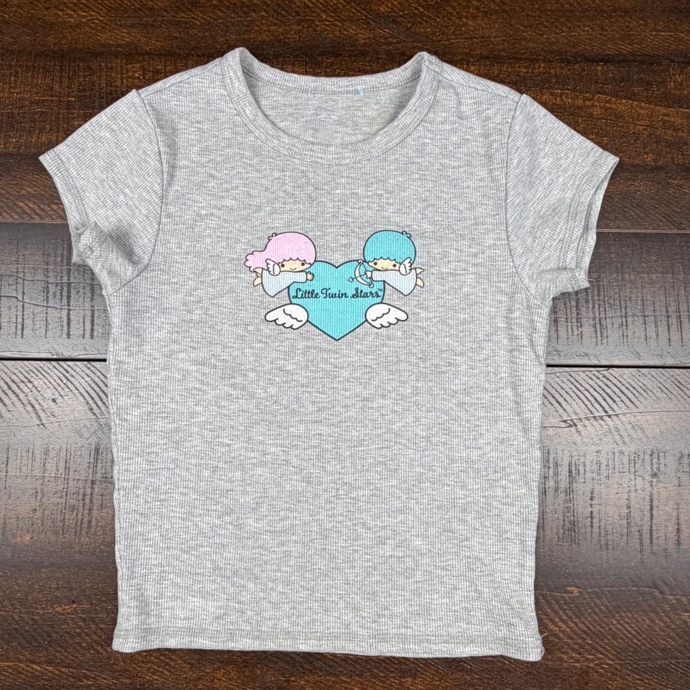 Sanrio Little Twin Stars Ribbed Baby Tee Gray Small Kawaii Kiki Lala Coquette